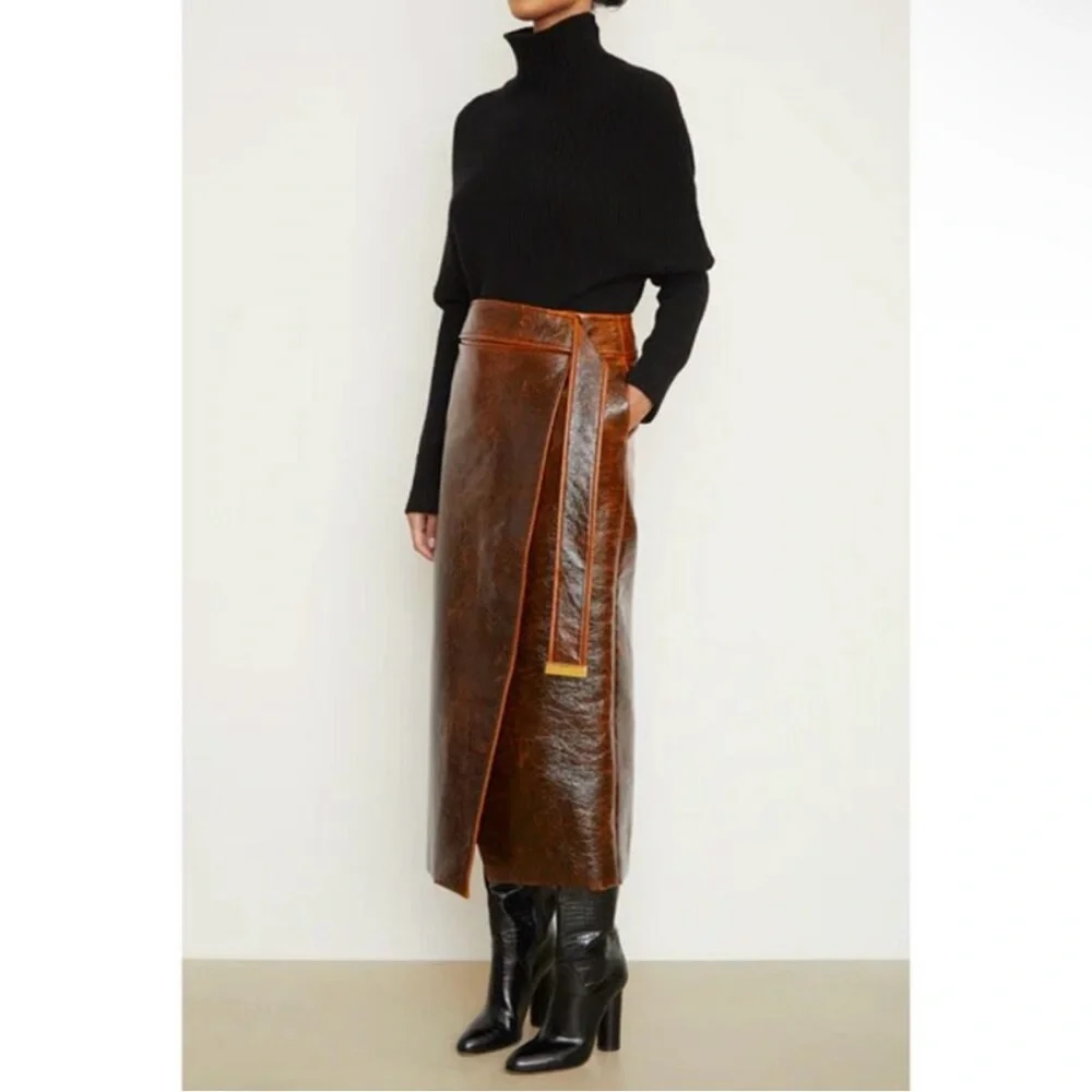 Brandon Maxwell Evelyn Mahogany Brown Maxi Wrap Skirt with Slit - Picture 1 of 12